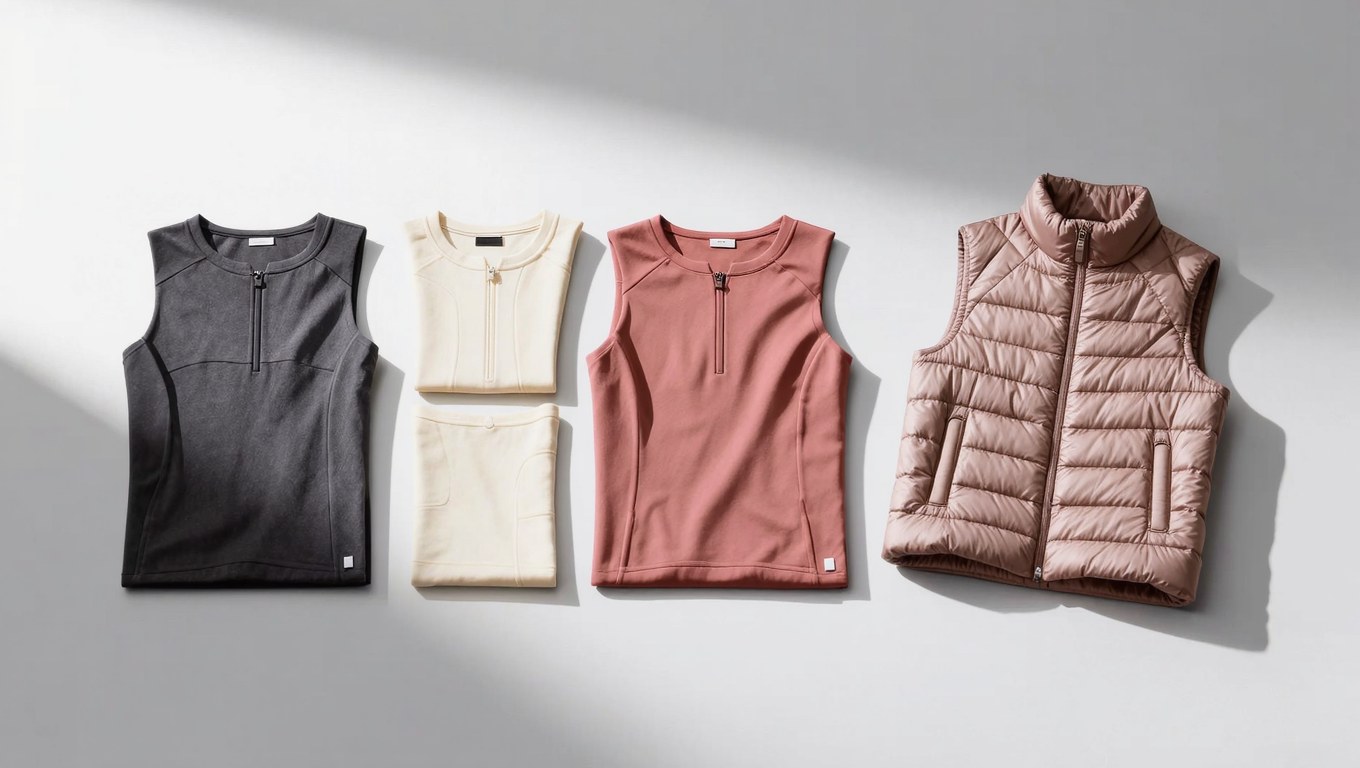 Folded sleeveless zip tops and a quilted vest laid out in a row