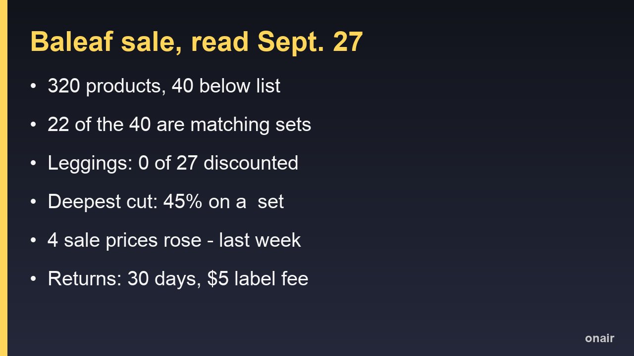 Card summarising the Baleaf sale as read on Sept. 27