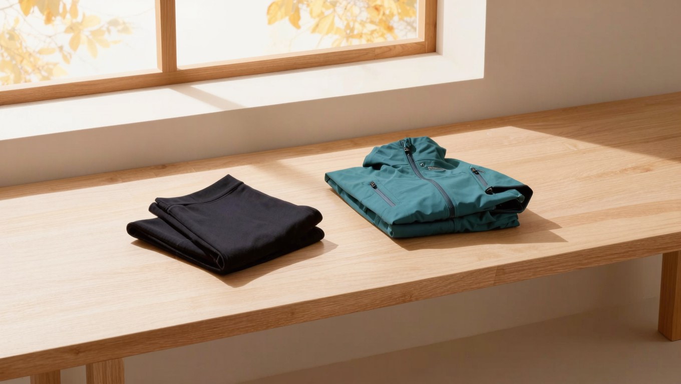 Folded black leggings and a teal jacket on a wooden bench by a window