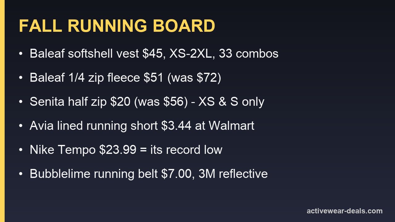 Card summarising the fall running gear price board