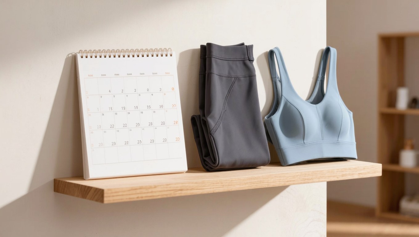 Wall calendar beside folded leggings and a sports bra on a wooden shelf