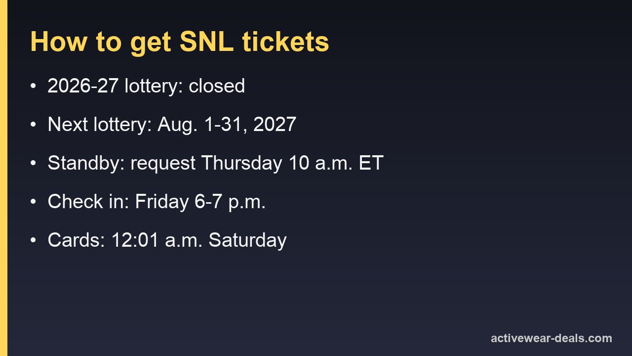 How to get SNL tickets: 2026-27 lottery closed, next lottery Aug. 1 to 31, 2027, standby request Thursday at 10 a.m. ET, check-in Friday 6 to 7 p.m., cards at 12:01 a.m. Saturday