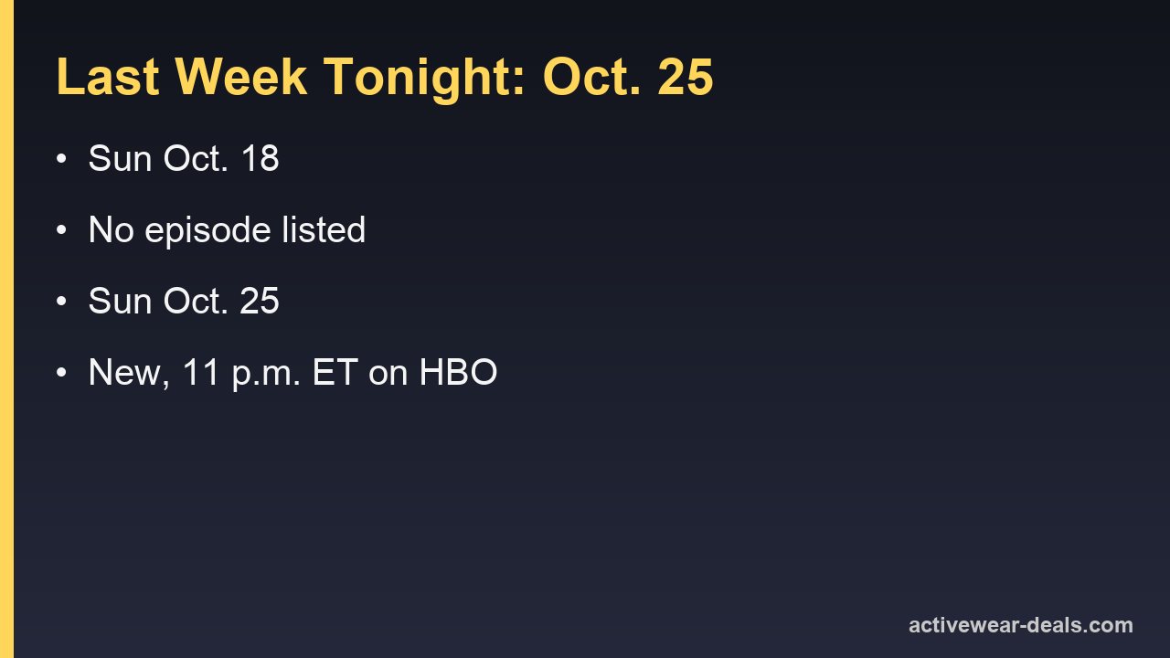 Last Week Tonight Sundays in October and November 2026: Oct. 11 aired, Oct. 18 skipped, Oct. 25 new at 11 p.m. ET, Nov. 1 listed for 11 p.m. ET