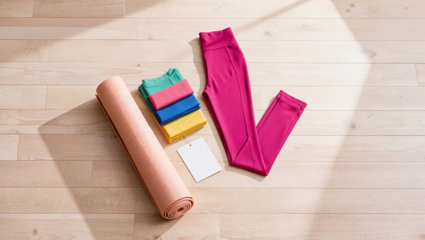 Folded leggings and a flared yoga pant on a wooden floor