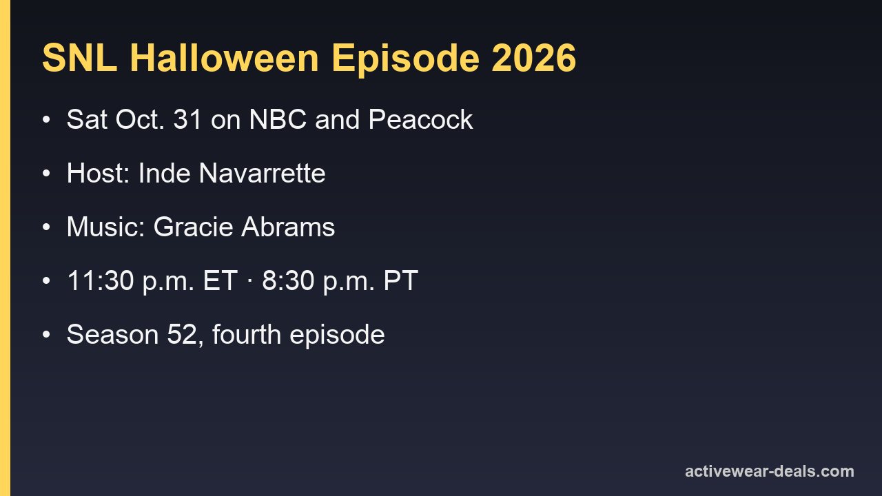 SNL Halloween episode on Saturday, Oct. 31, 2026: host Inde Navarrette, musical guest Gracie Abrams, 11:30 p.m. ET and 8:30 p.m. PT on NBC and Peacock